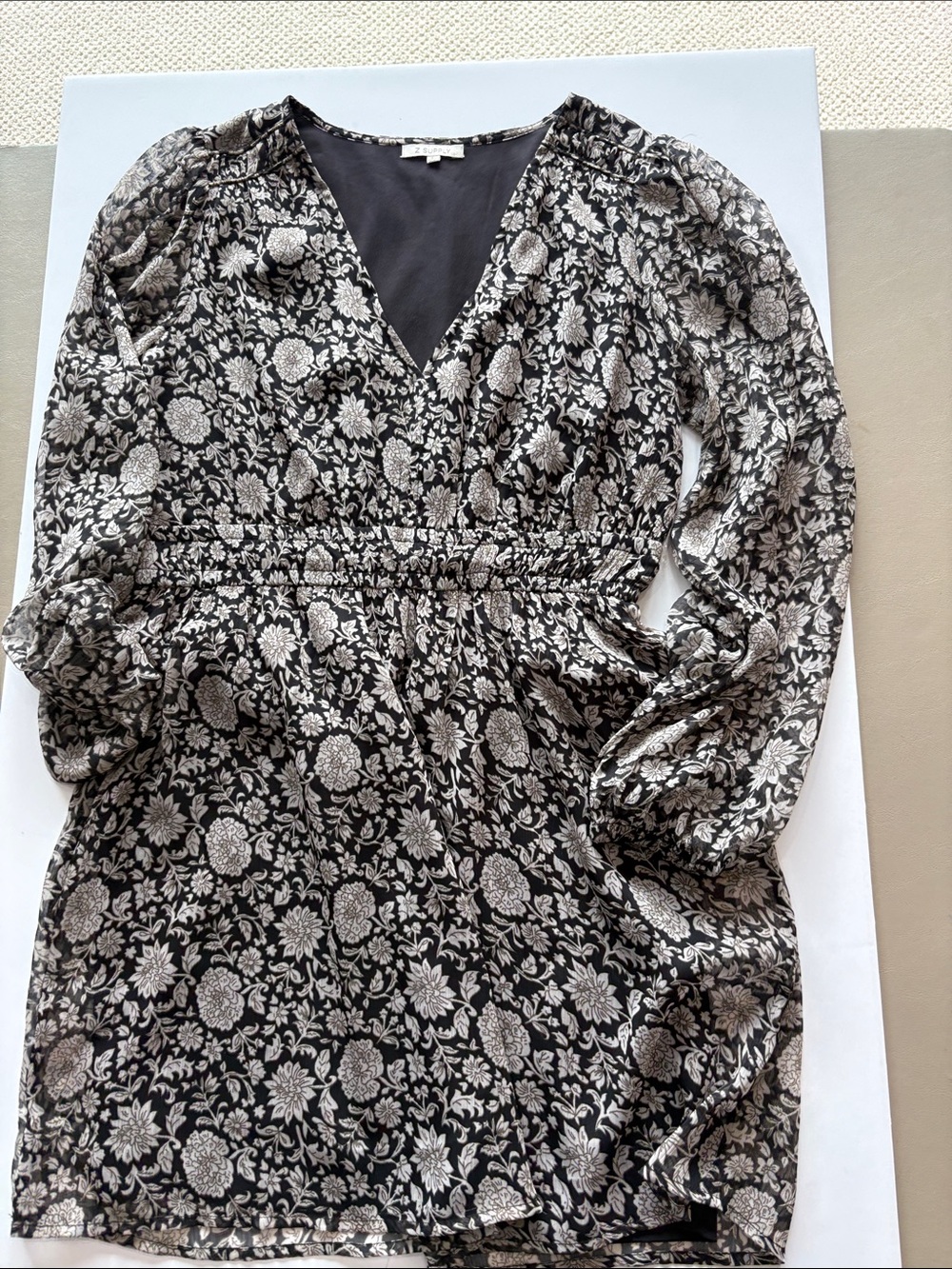 Z Supply Black Dress with Cream Floral Print V-Neck